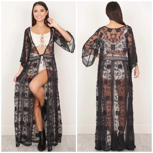 Tops - SOLD OUT Boho Floral Embroidered Lace Kimono Duster Wrap